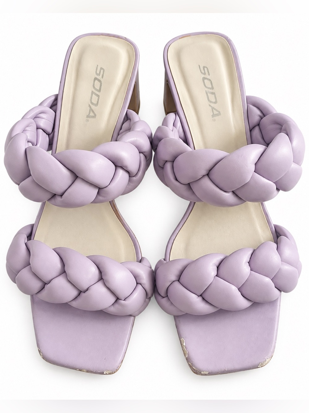 SODA Lavender Braided Double Strap Block Heel Sandals Women’s 8.5 Square Toe